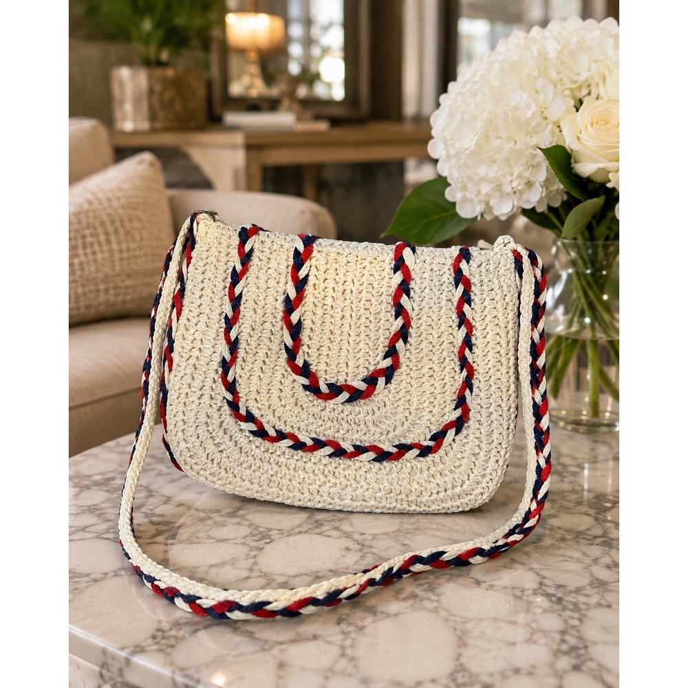 Vintage 60s Styled by Encore Woven Shoulder Bag Japan Red White Blue Nautical